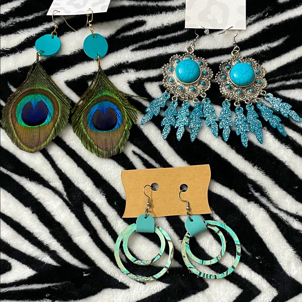 Peacock Feather and Turquoise Earrings Set